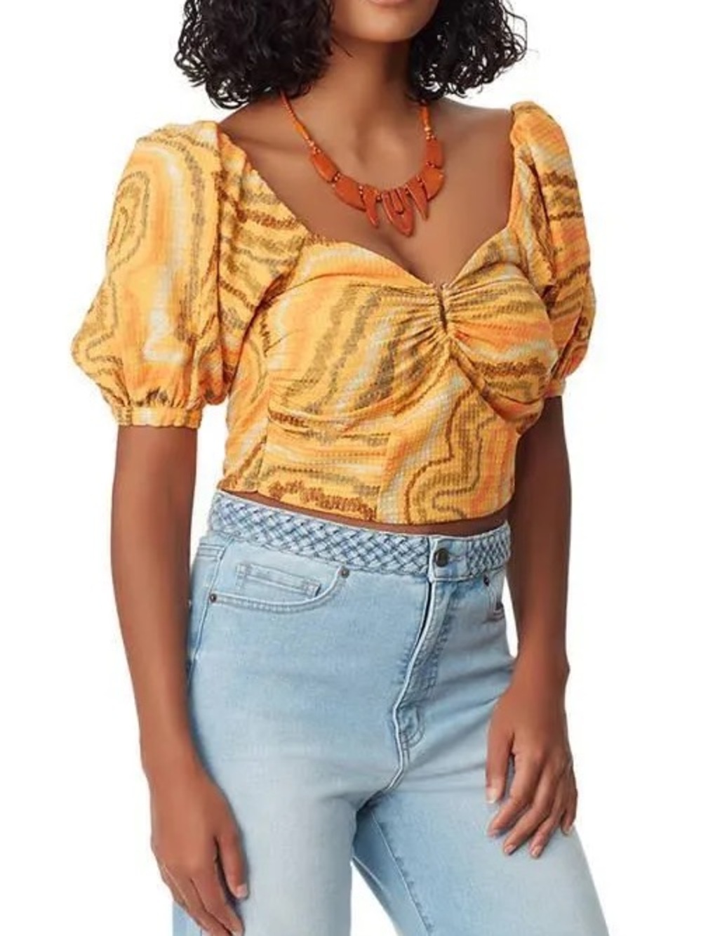 Sam Edelman Yellow Swirl Puff-Sleeve Ruched Crop Top